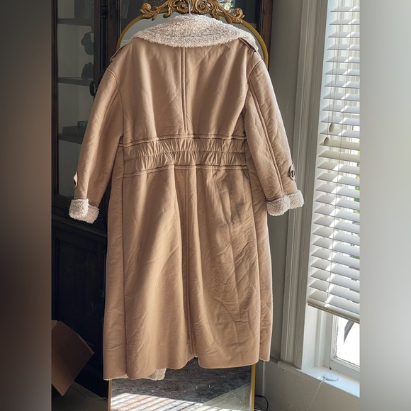 Great Jones Sherpa Lined Women's Tan Double-Breasted Faux Leather Coat - Picture 11 of 15